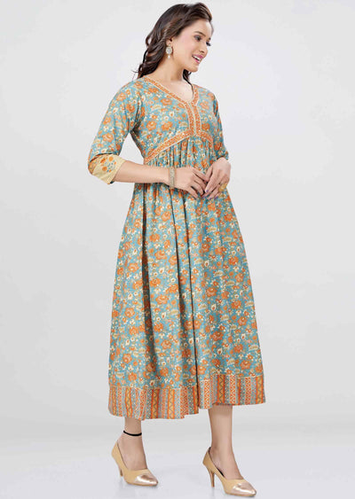 Greyish Blue Cotton Printed Frock Style Kurti