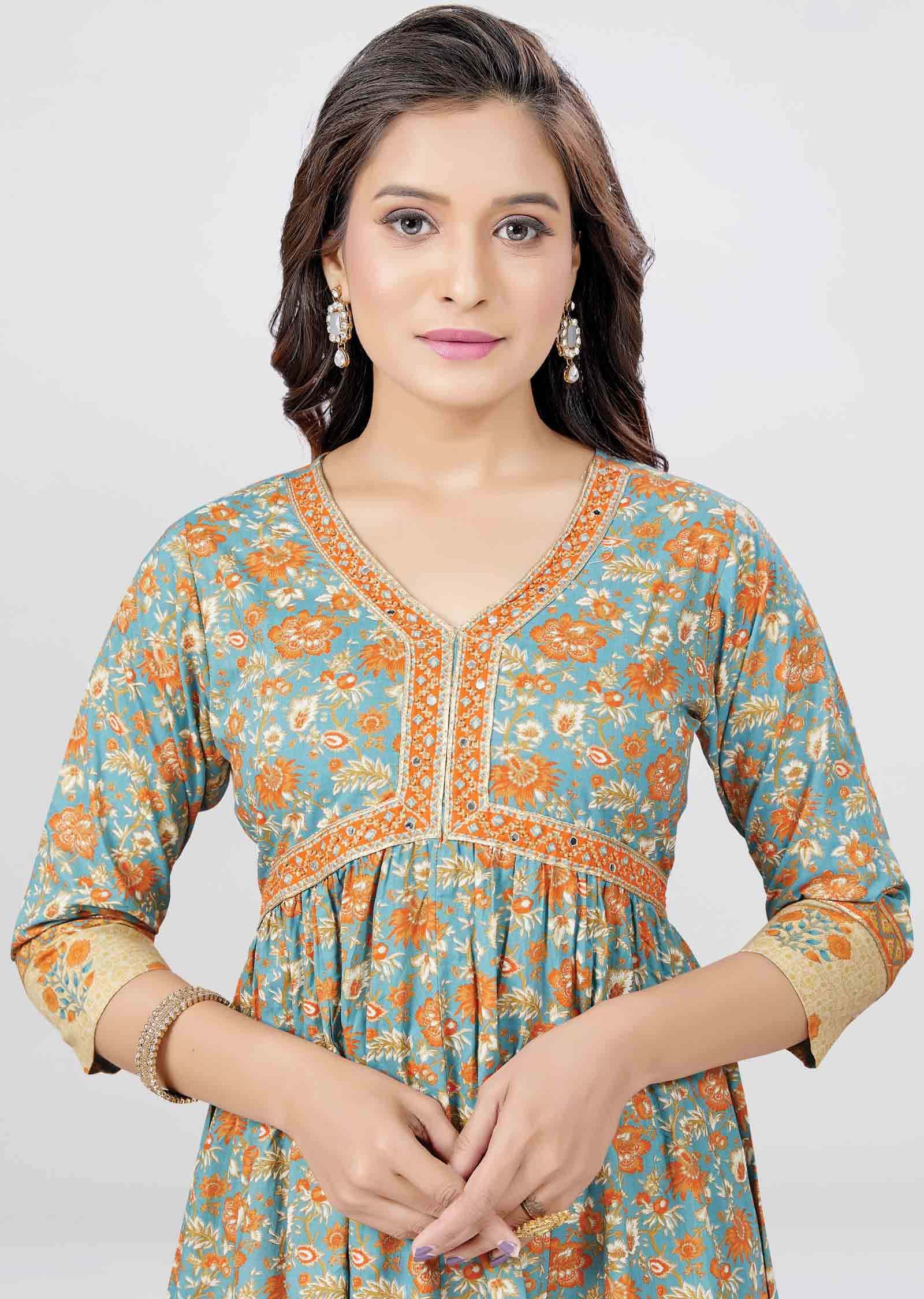 Greyish Blue Cotton Printed Frock Style Kurti