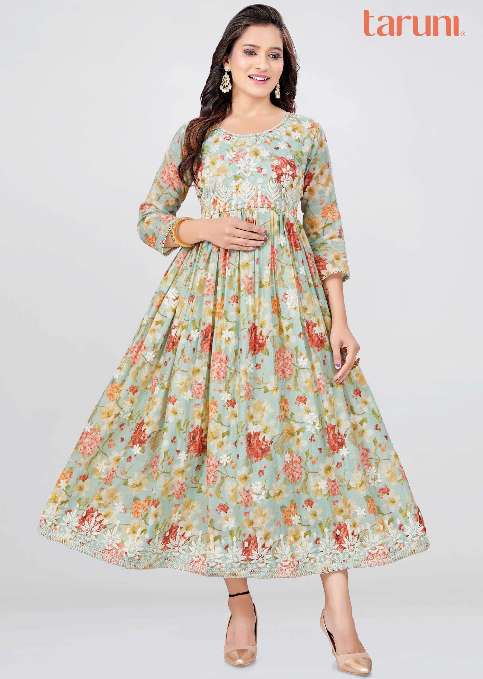 Pista Green Cotton Floral Printed Frock Style Kurti