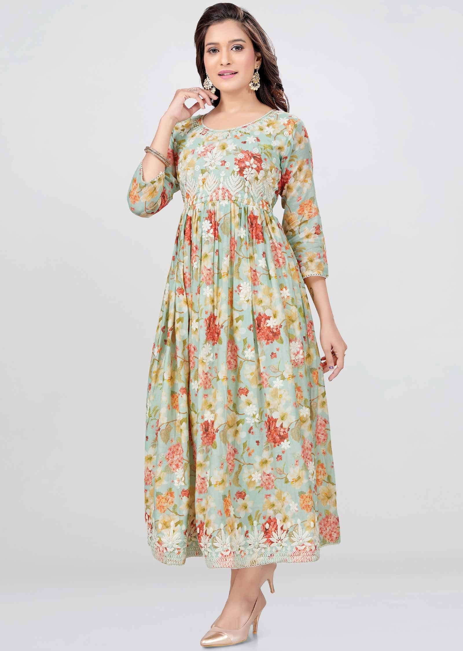 Pista Green Cotton Floral Printed Frock Style Kurti