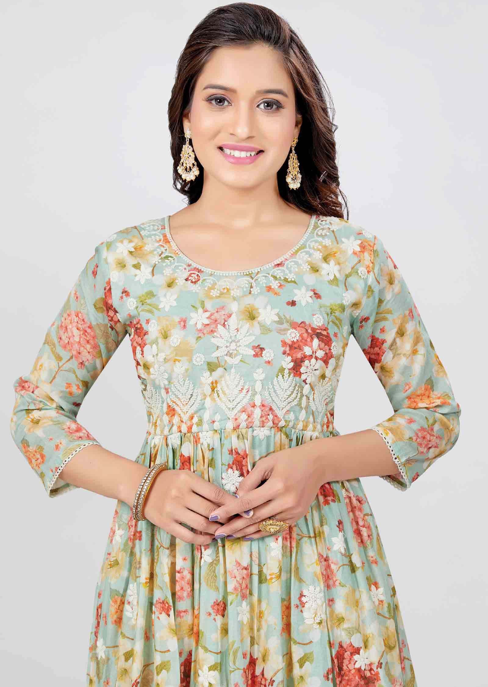 Pista Green Cotton Floral Printed Frock Style Kurti