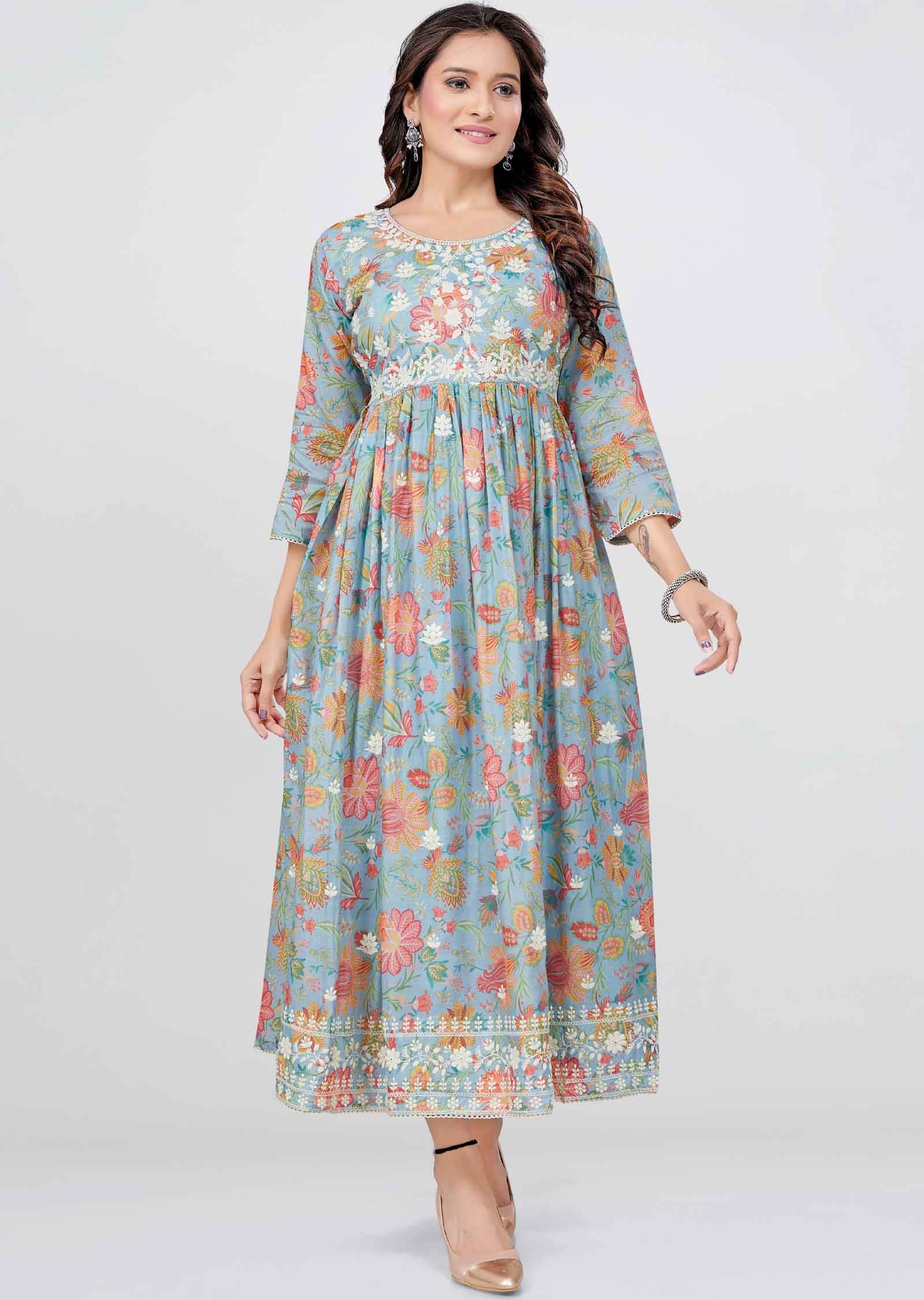 Light Blue Cotton Floral Printed Frock Style Kurti