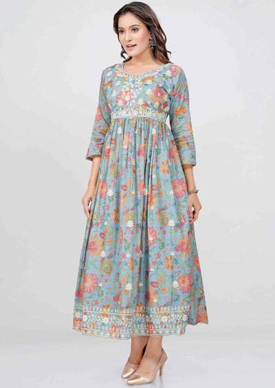 Light Blue Cotton Floral Printed Frock Style Kurti