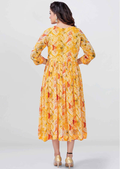 Mango Yellow Georgette Printed Frock Style Kurti