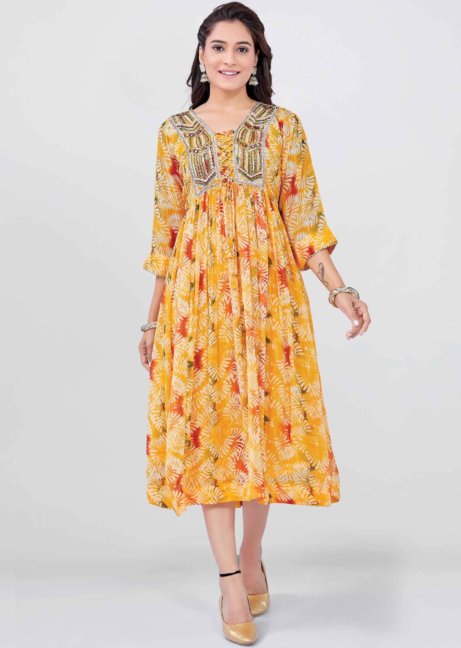 Mango Yellow Georgette Printed Frock Style Kurti