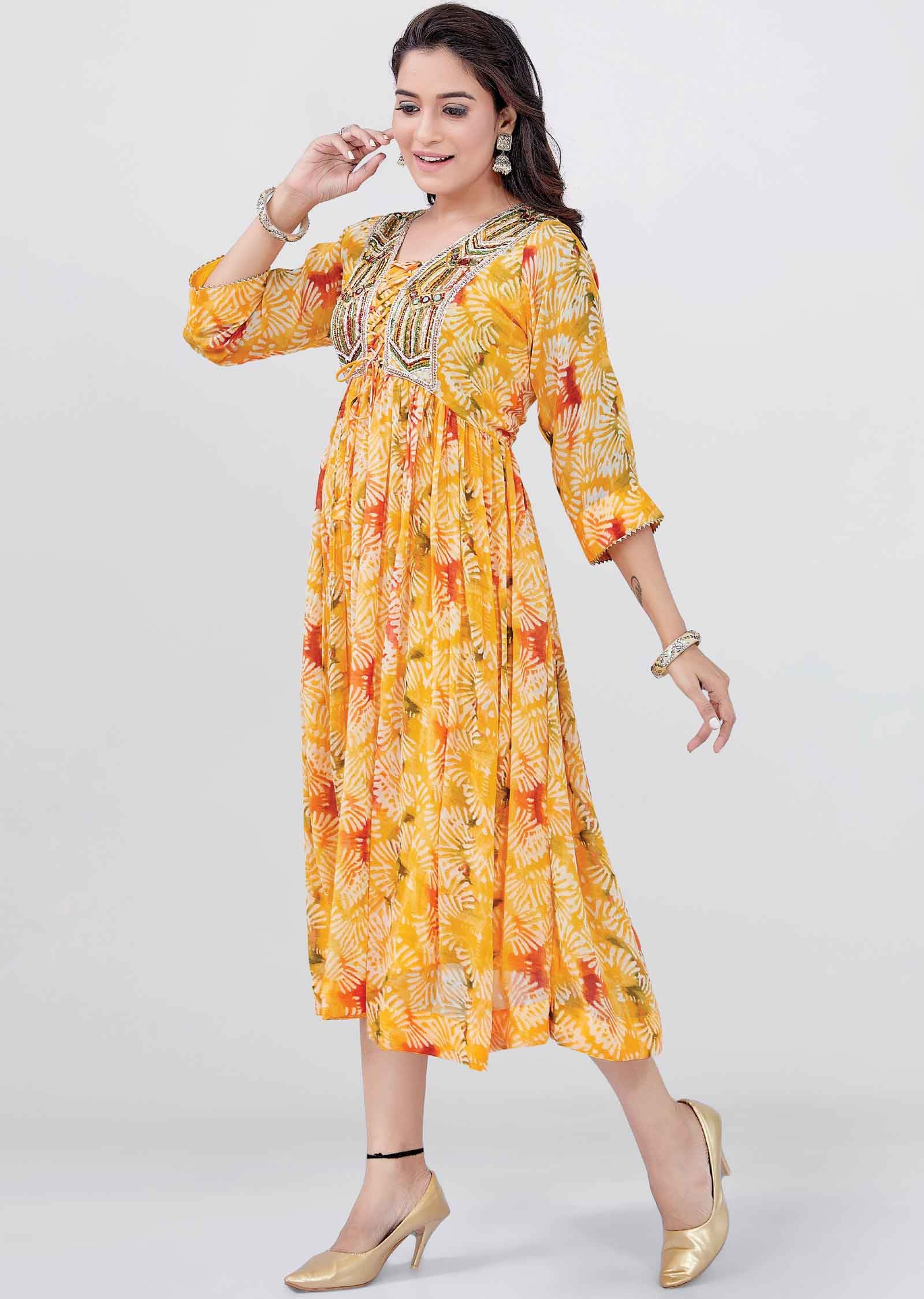 Mango Yellow Georgette Printed Frock Style Kurti