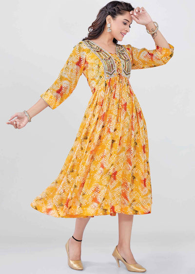 Mango Yellow Georgette Printed Frock Style Kurti