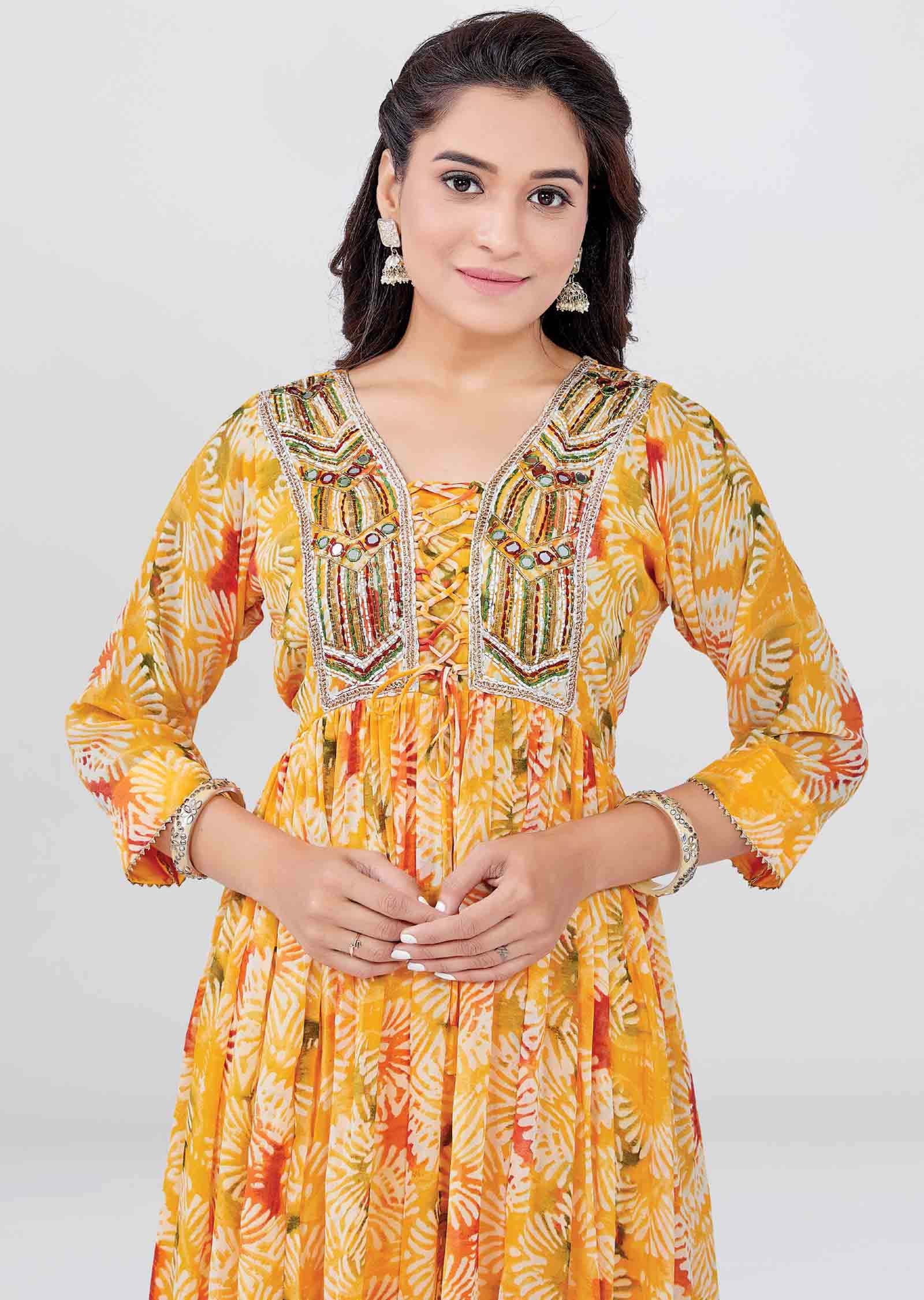 Mango Yellow Georgette Printed Frock Style Kurti