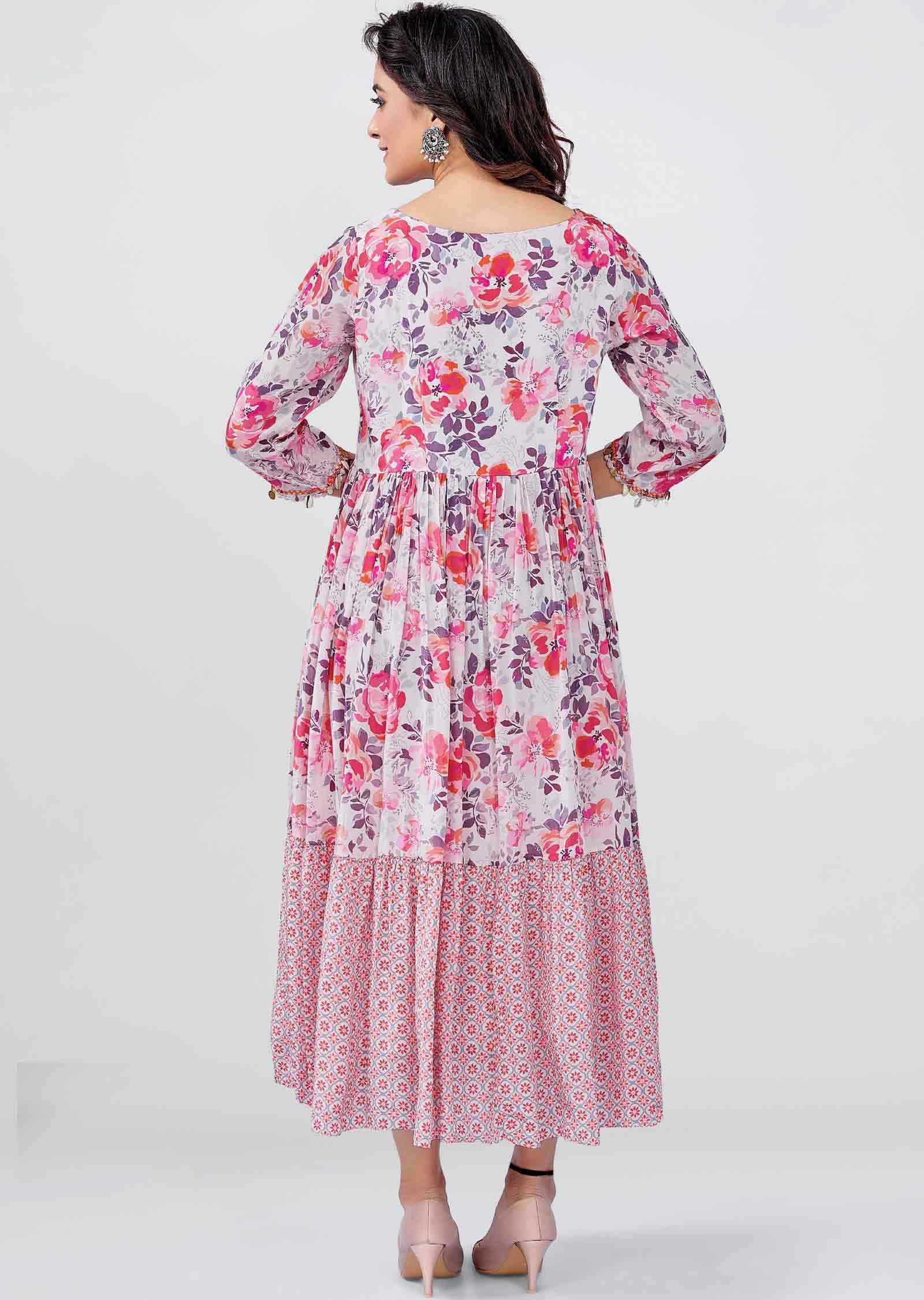 Baby Pink Crepe Floral Printed Frock Style Kurti