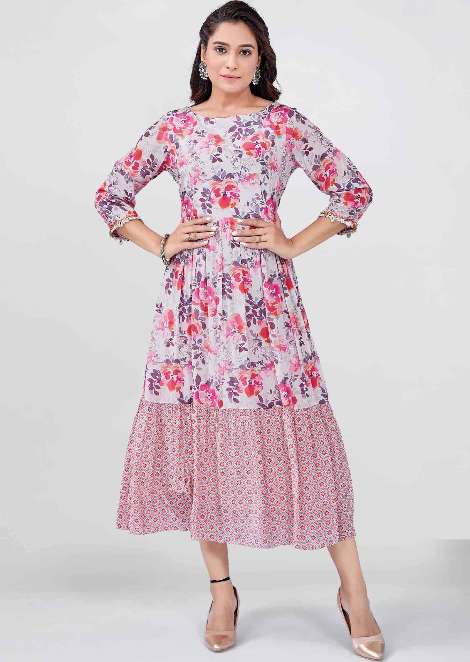 Baby Pink Crepe Floral Printed Frock Style Kurti