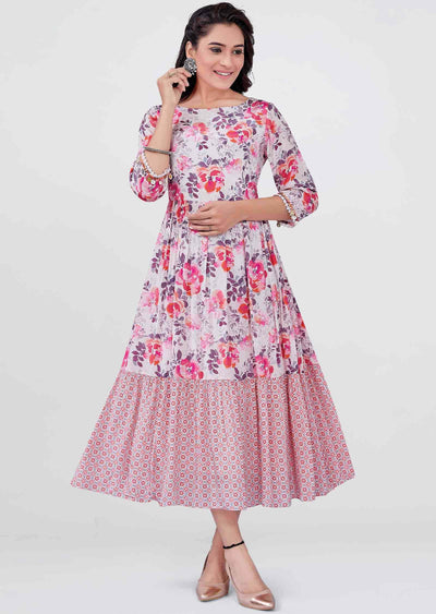 Baby Pink Crepe Floral Printed Frock Style Kurti