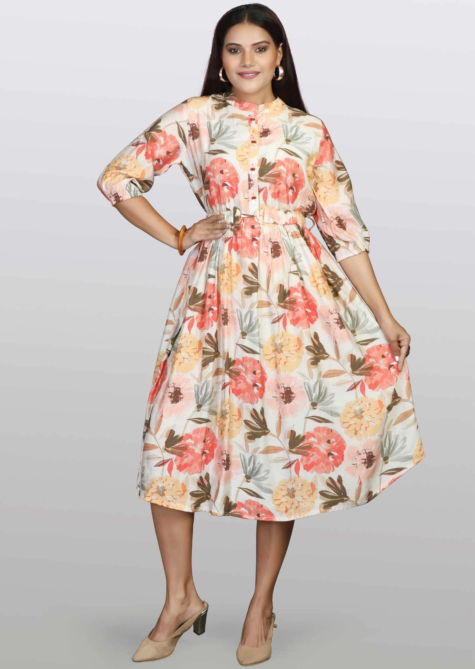 Cream Modal Printed Frock Style Kurti