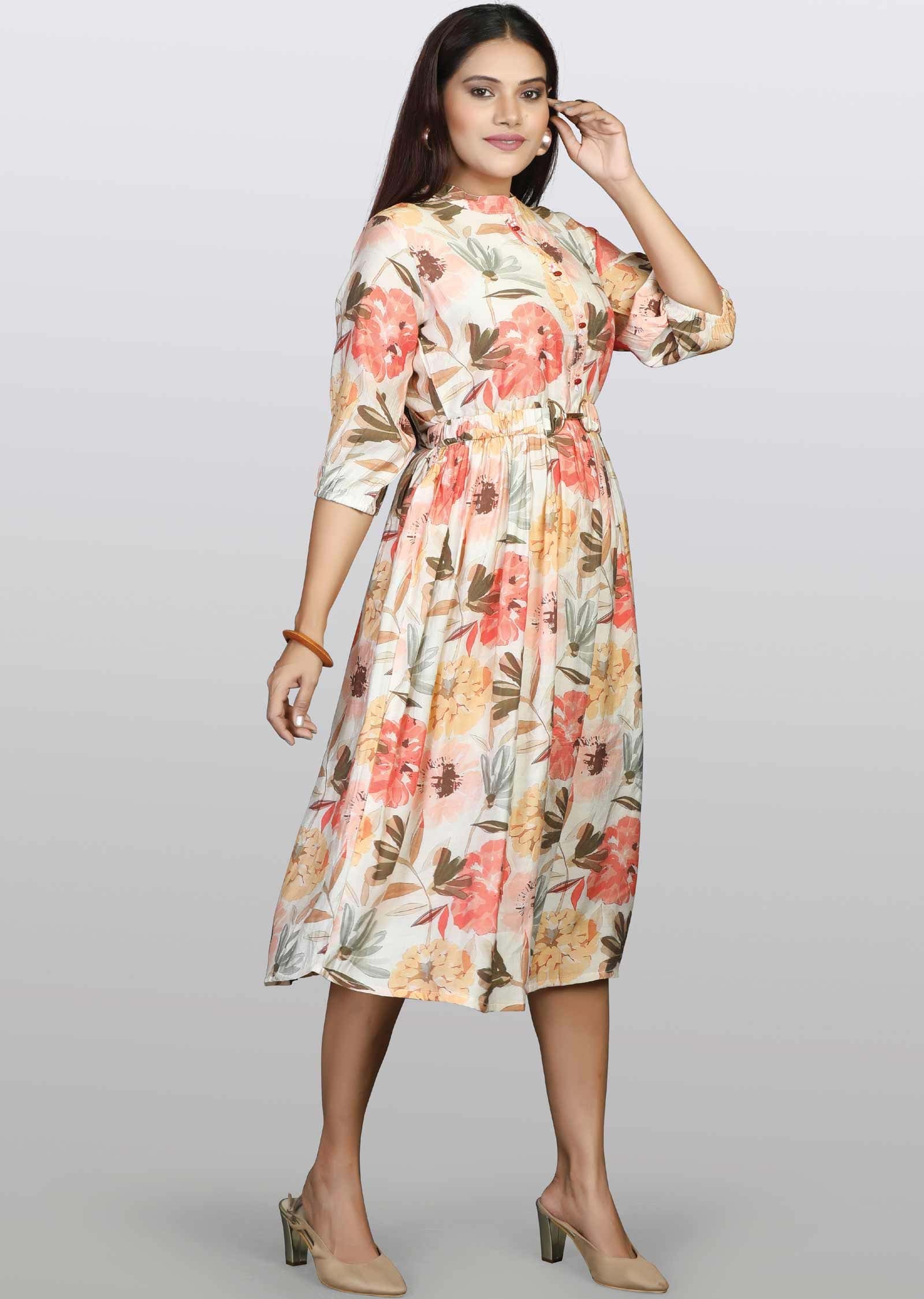 Cream Modal Printed Frock Style Kurti