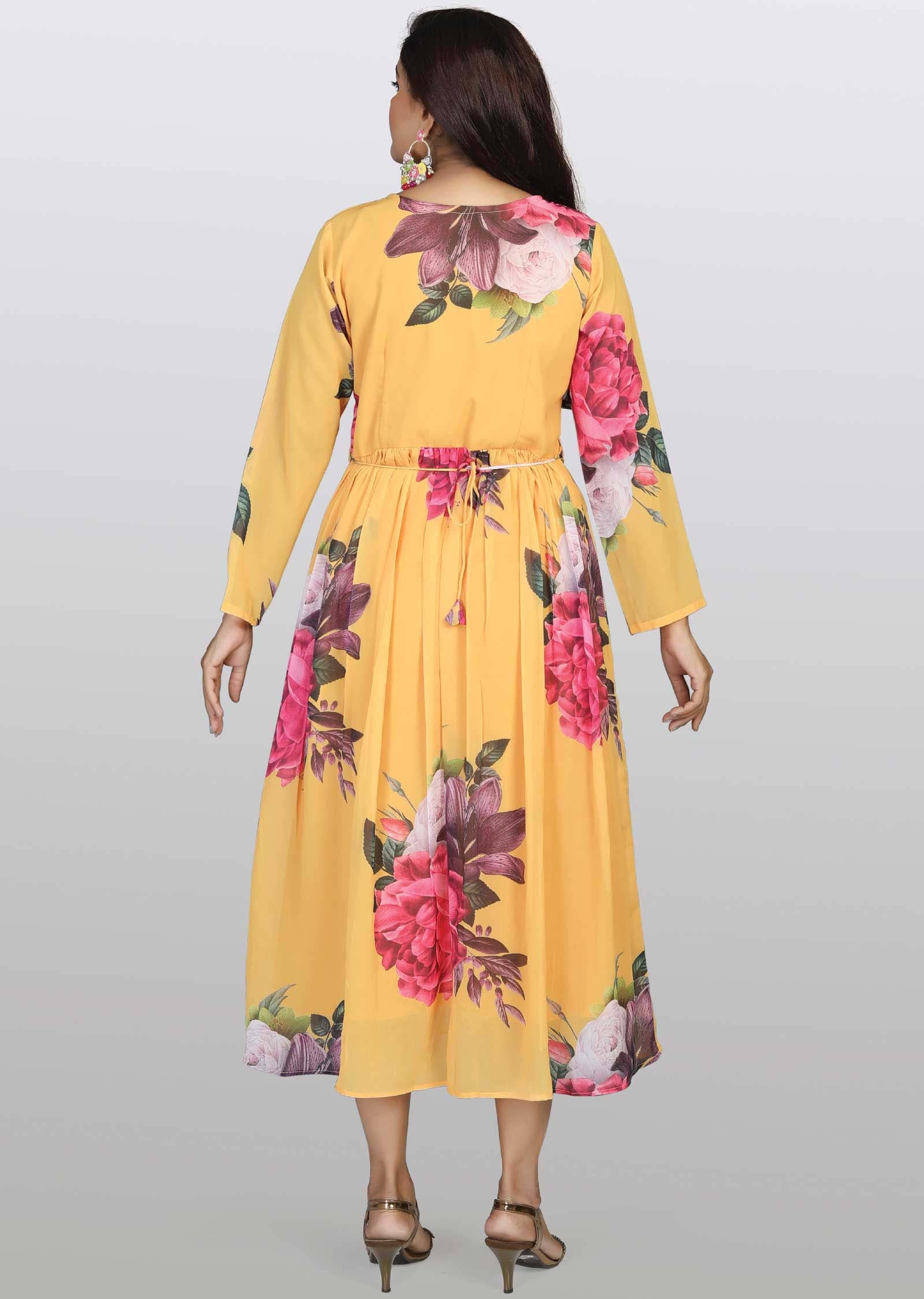 Mustard Georgette Printed Frock Style Kurti