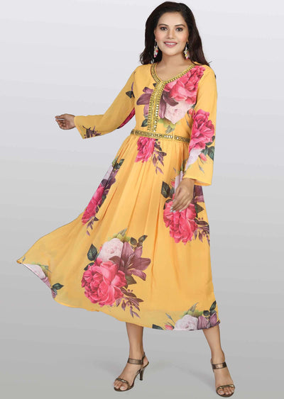 Mustard Georgette Printed Frock Style Kurti