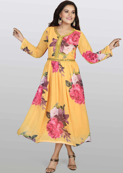 Mustard Georgette Printed Frock Style Kurti