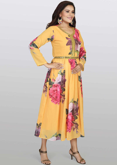 Mustard Georgette Printed Frock Style Kurti