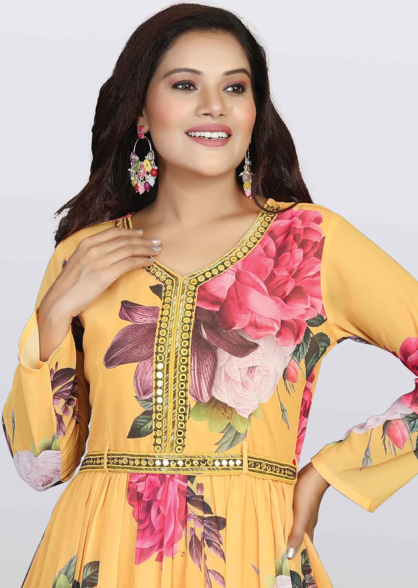 Mustard Georgette Printed Frock Style Kurti