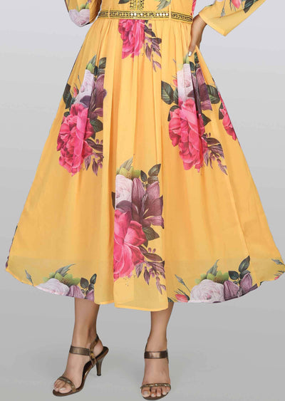 Mustard Georgette Printed Frock Style Kurti