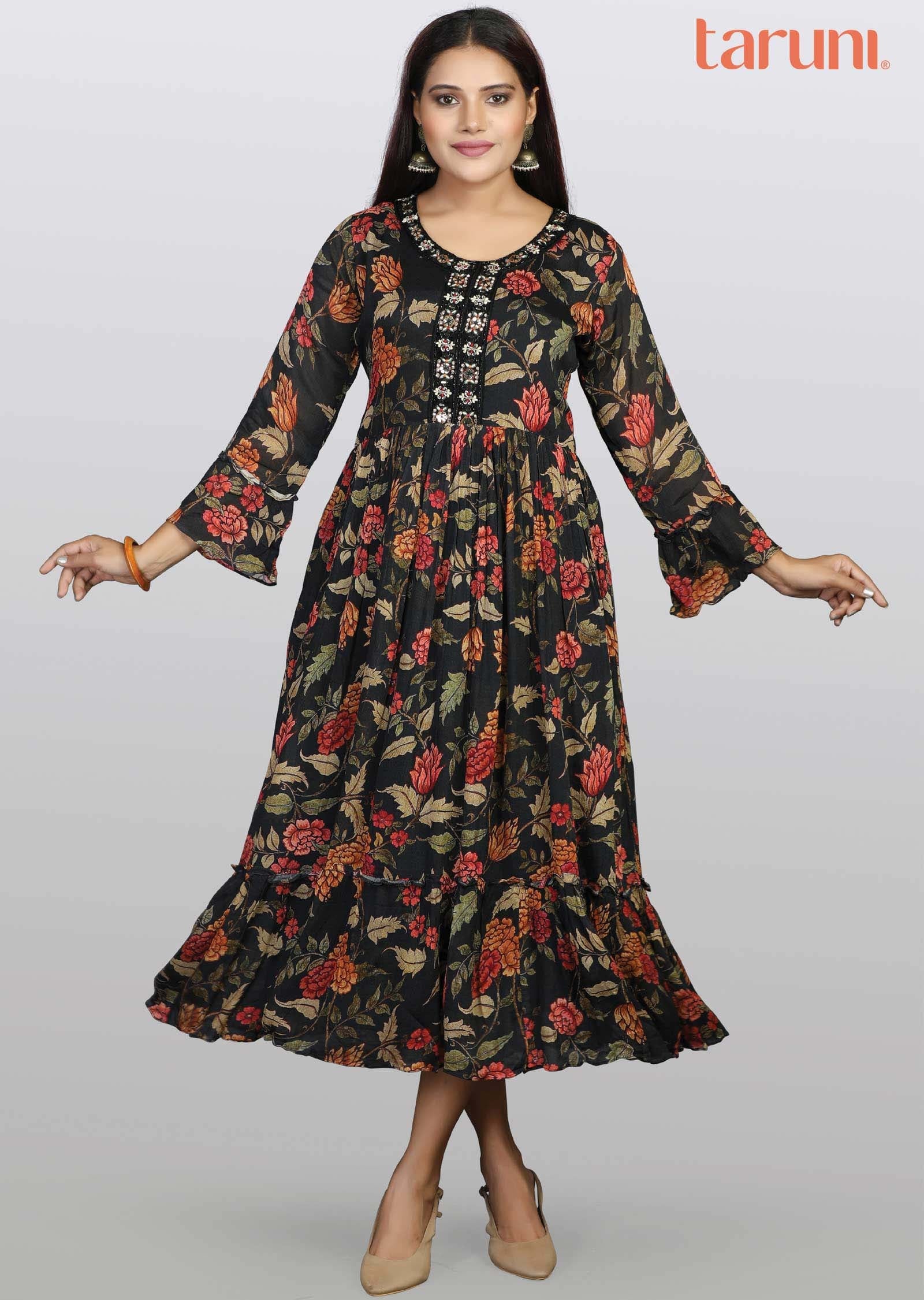 Black Chinnon Floral Printed Frock Style Kurti