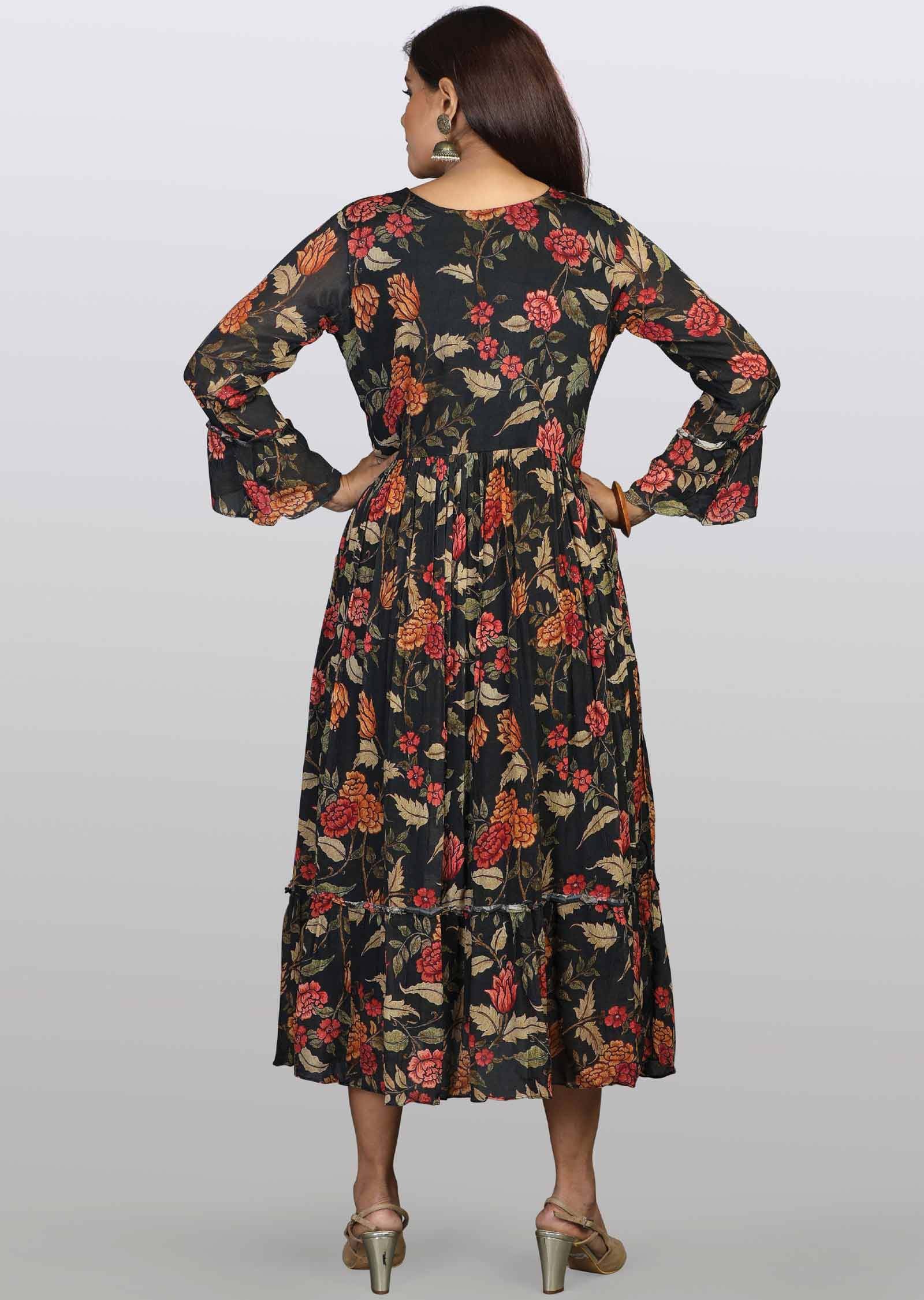 Black Chinnon Floral Printed Frock Style Kurti