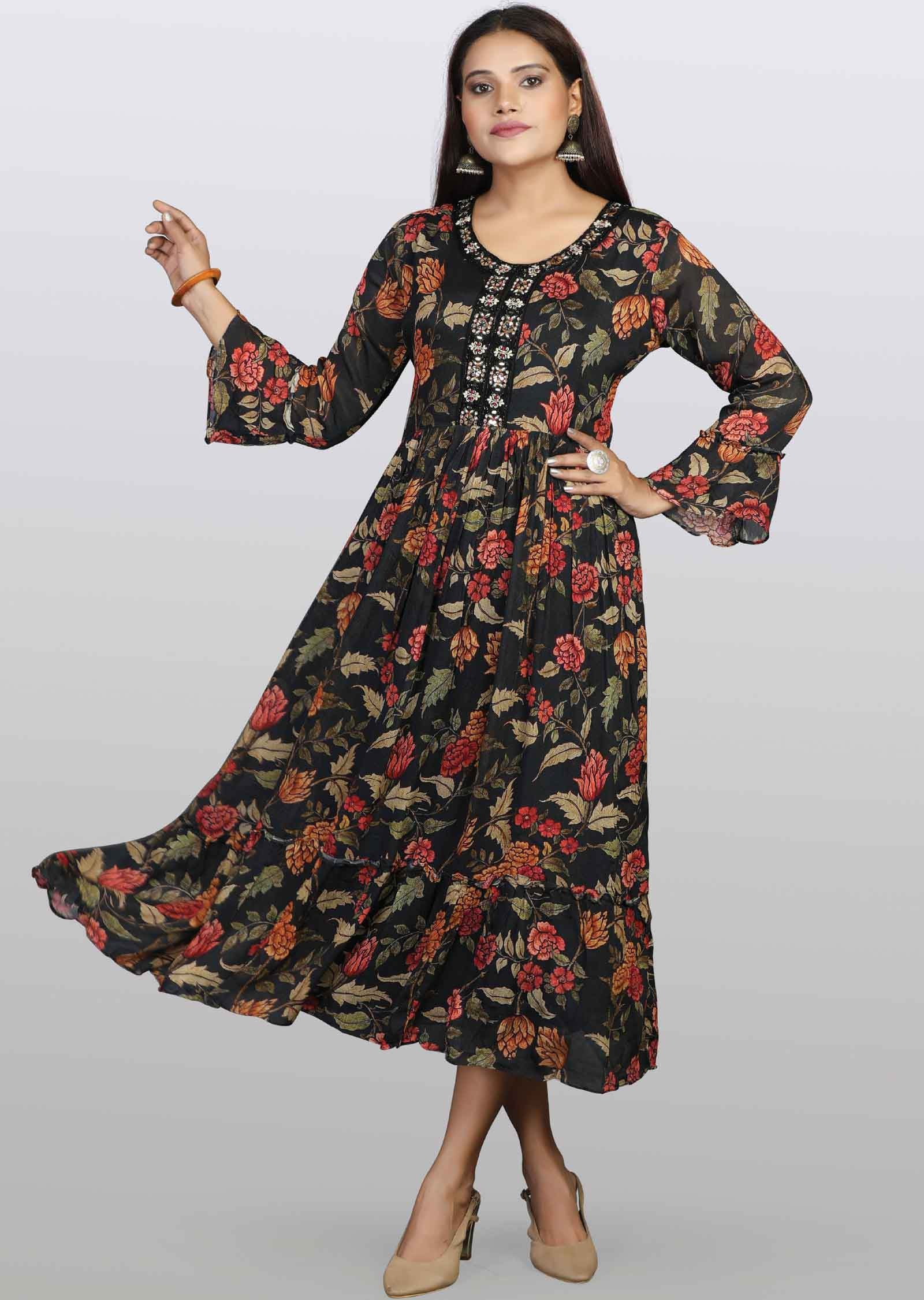 Black Chinnon Floral Printed Frock Style Kurti