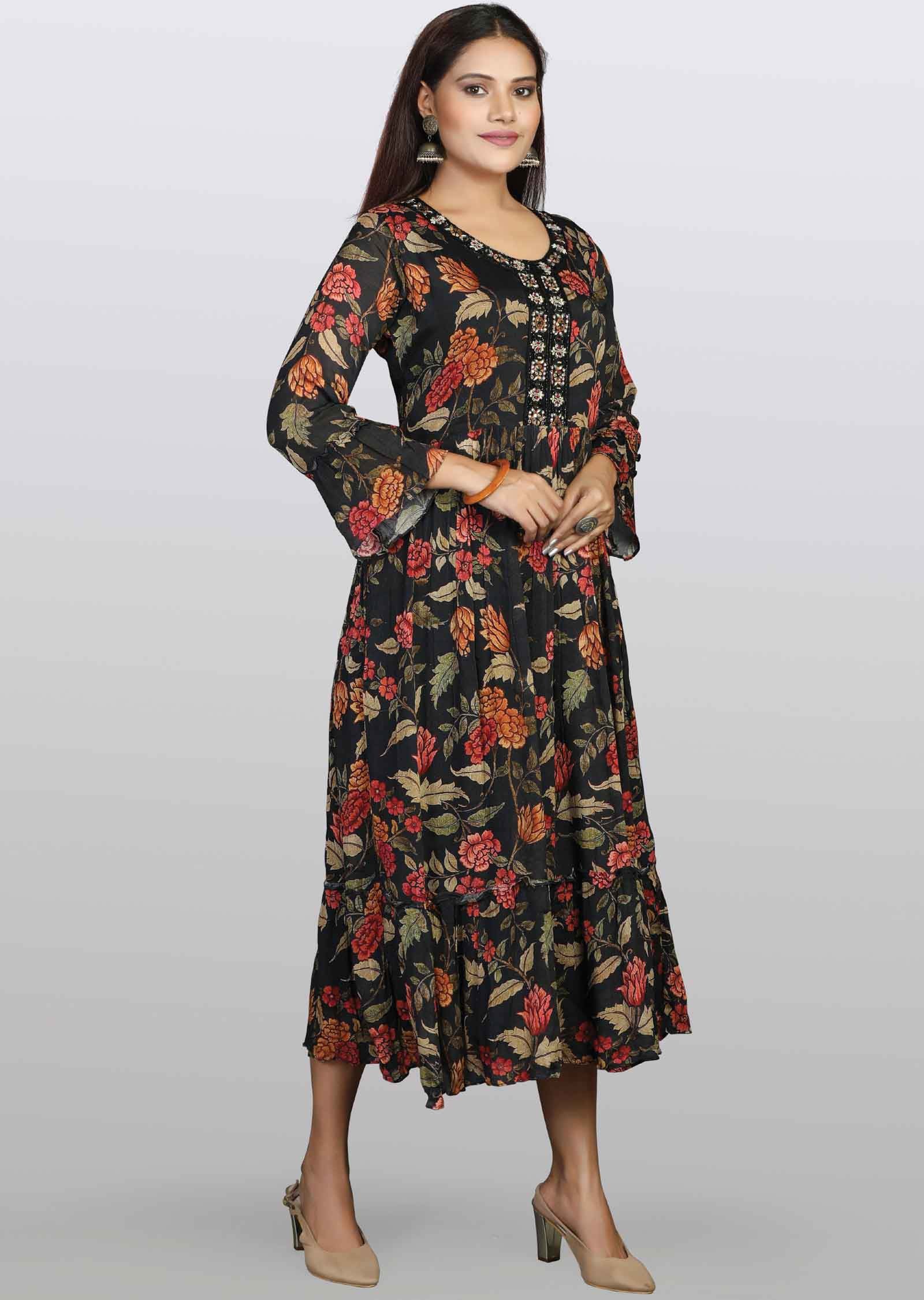 Black Chinnon Floral Printed Frock Style Kurti