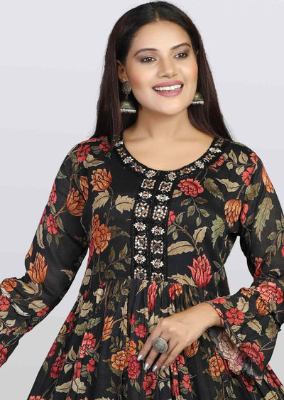 Black Chinnon Floral Printed Frock Style Kurti