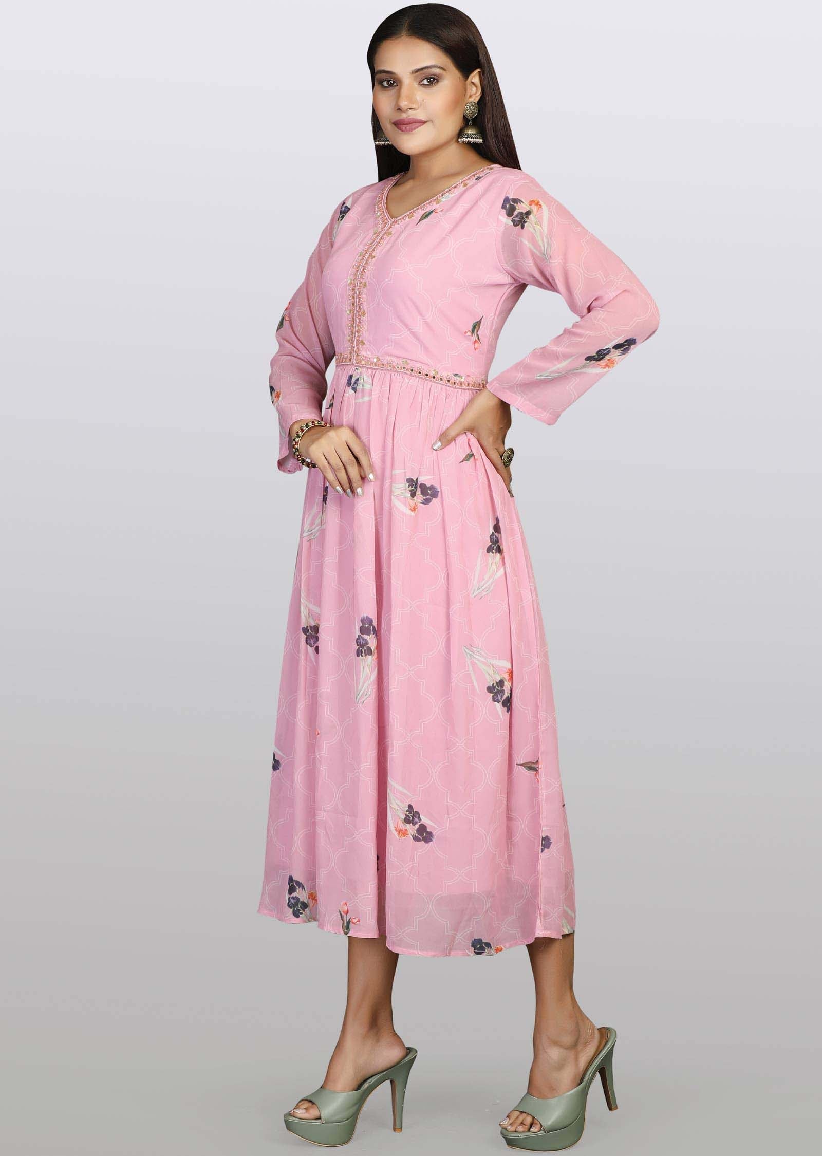 Pink Georgette Sequins Frock Style Kurti