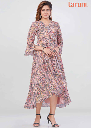 Light Peach Georgette Printed Frock Style Kurti