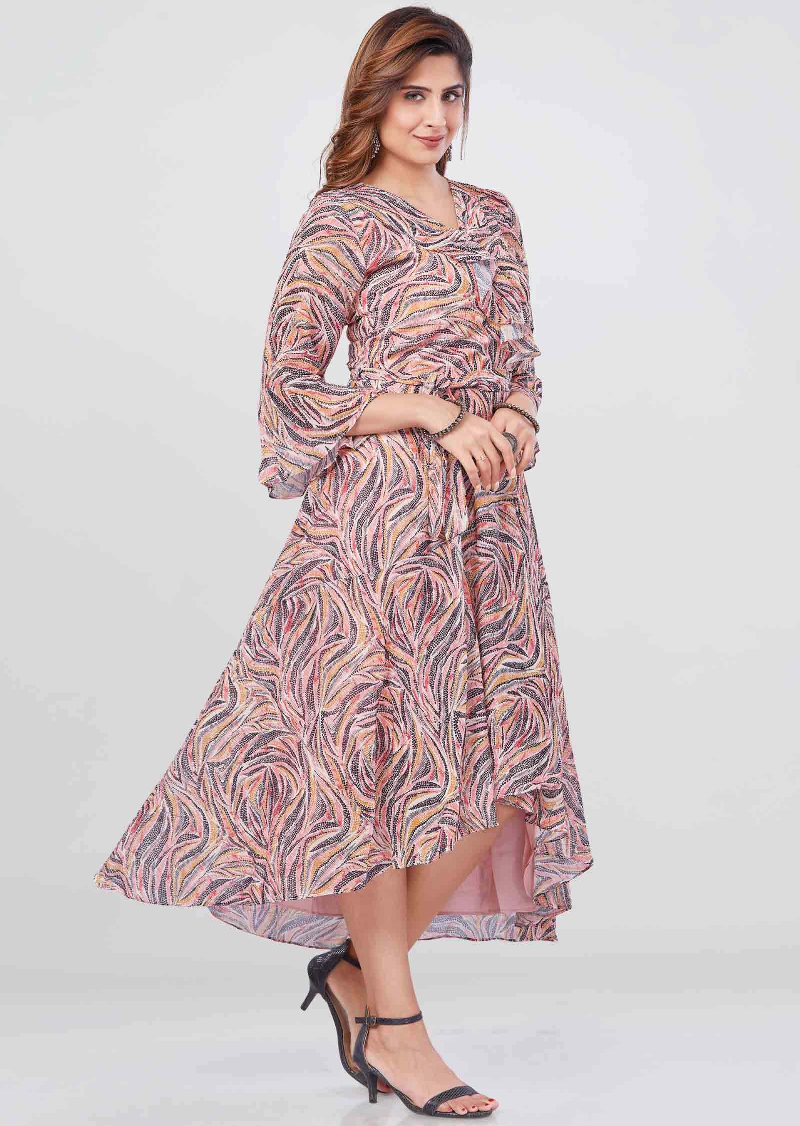 Light Peach Georgette Printed Frock Style Kurti