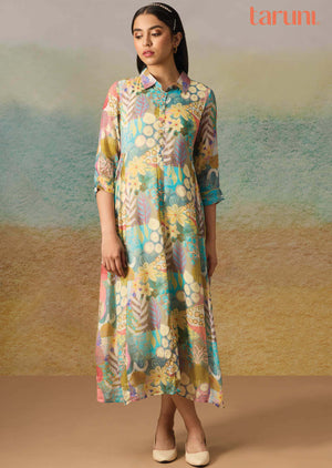 Multi color Chinnon Embroidered Frock Style Kurti