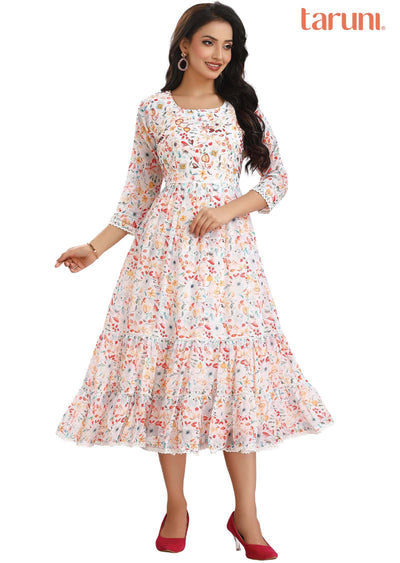 Off white Georgette Printed Frock Style Kurti