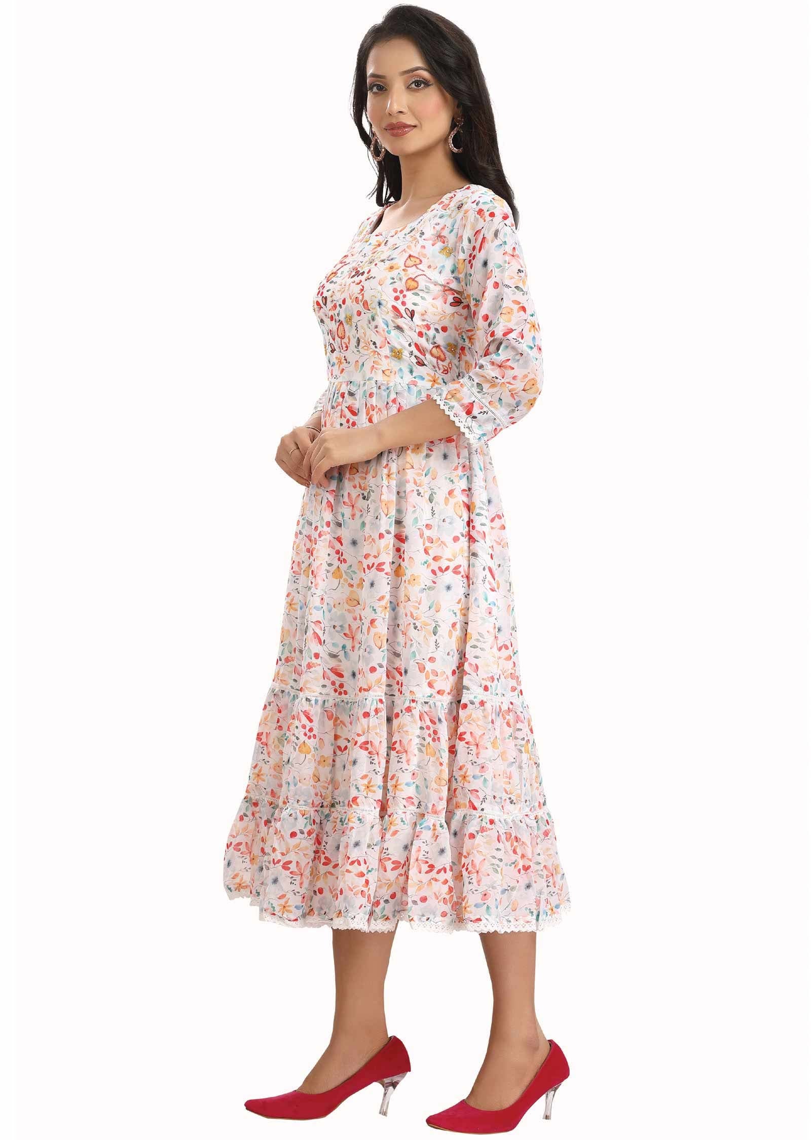 Off white Georgette Printed Frock Style Kurti