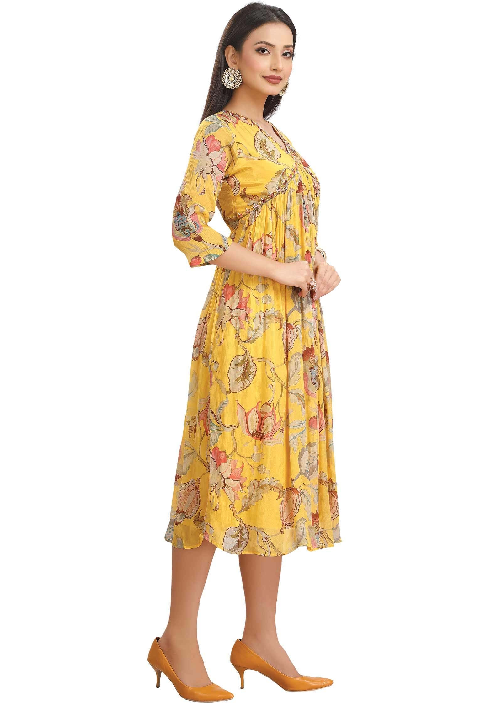 Yellow Chinnon Alia cut Frock Style Kurti