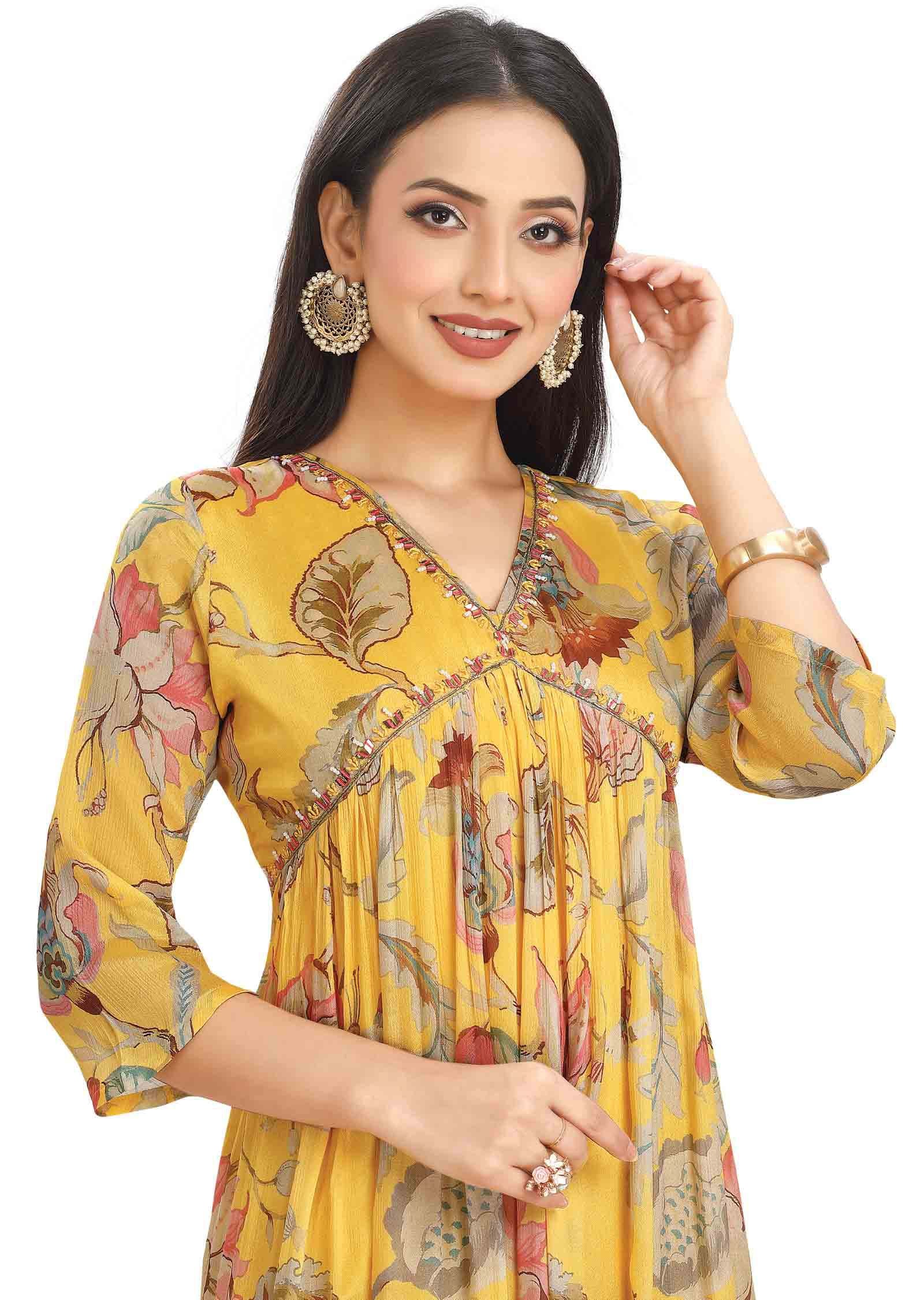 Yellow Chinnon Alia cut Frock Style Kurti