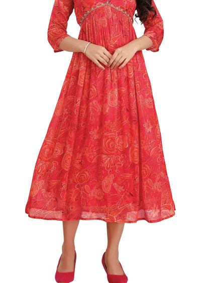 Rani Pink Chinnon Printed Alia cut Frock Style Kurti