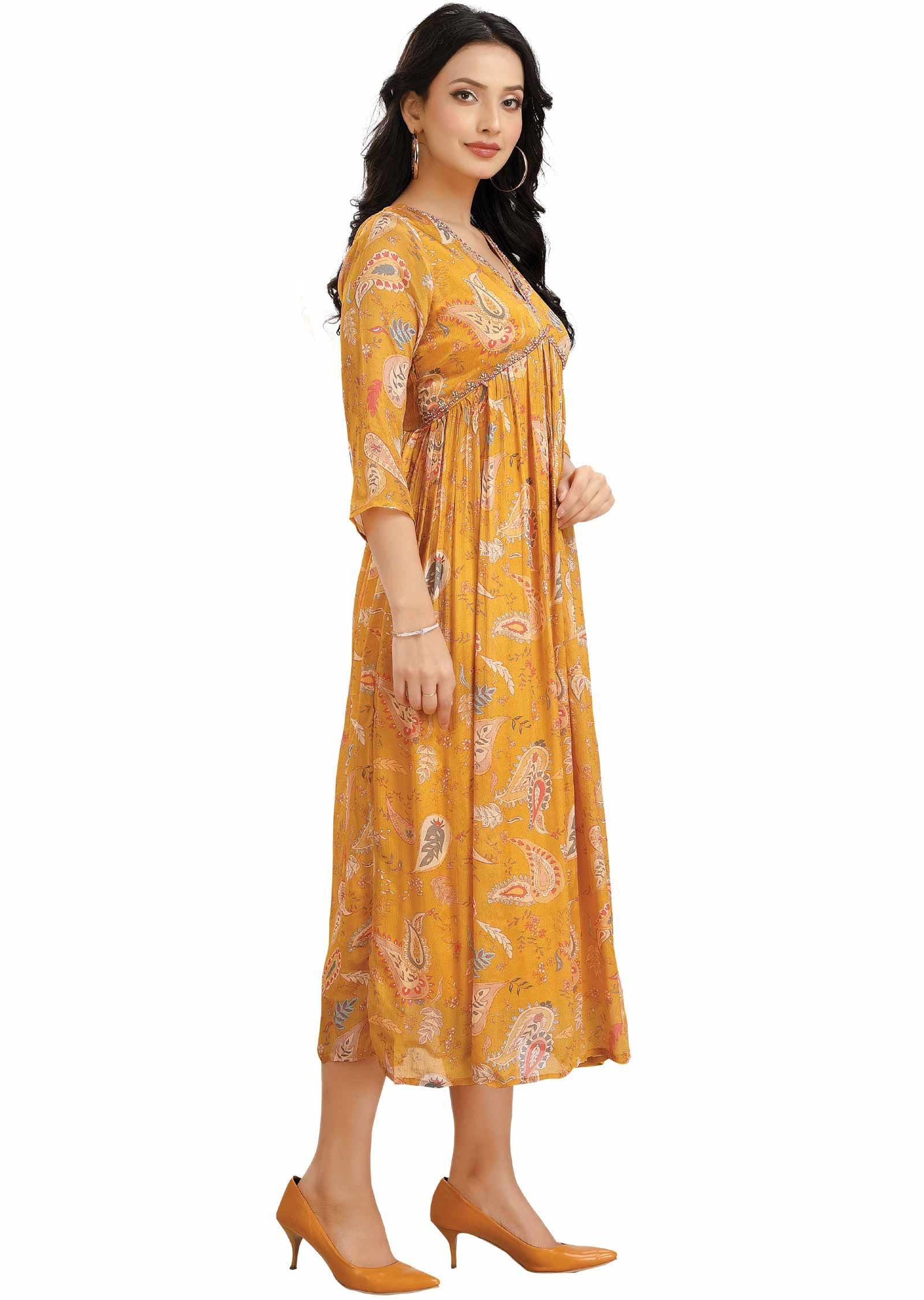 Yellow Chinnon Printed Alia cut Frock Style Kurti