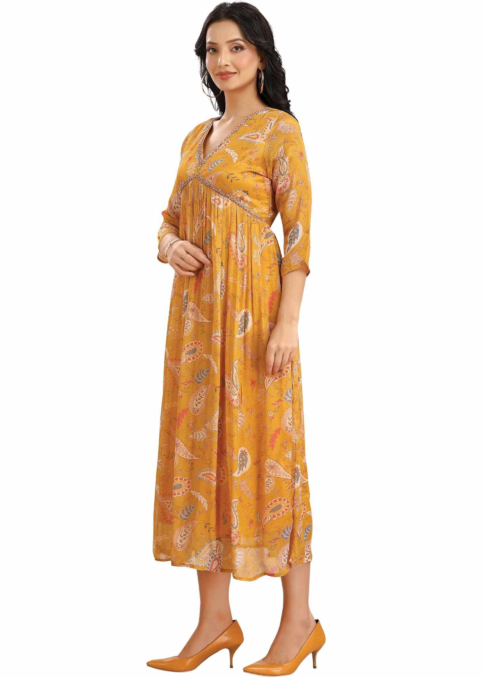 Yellow Chinnon Printed Alia cut Frock Style Kurti