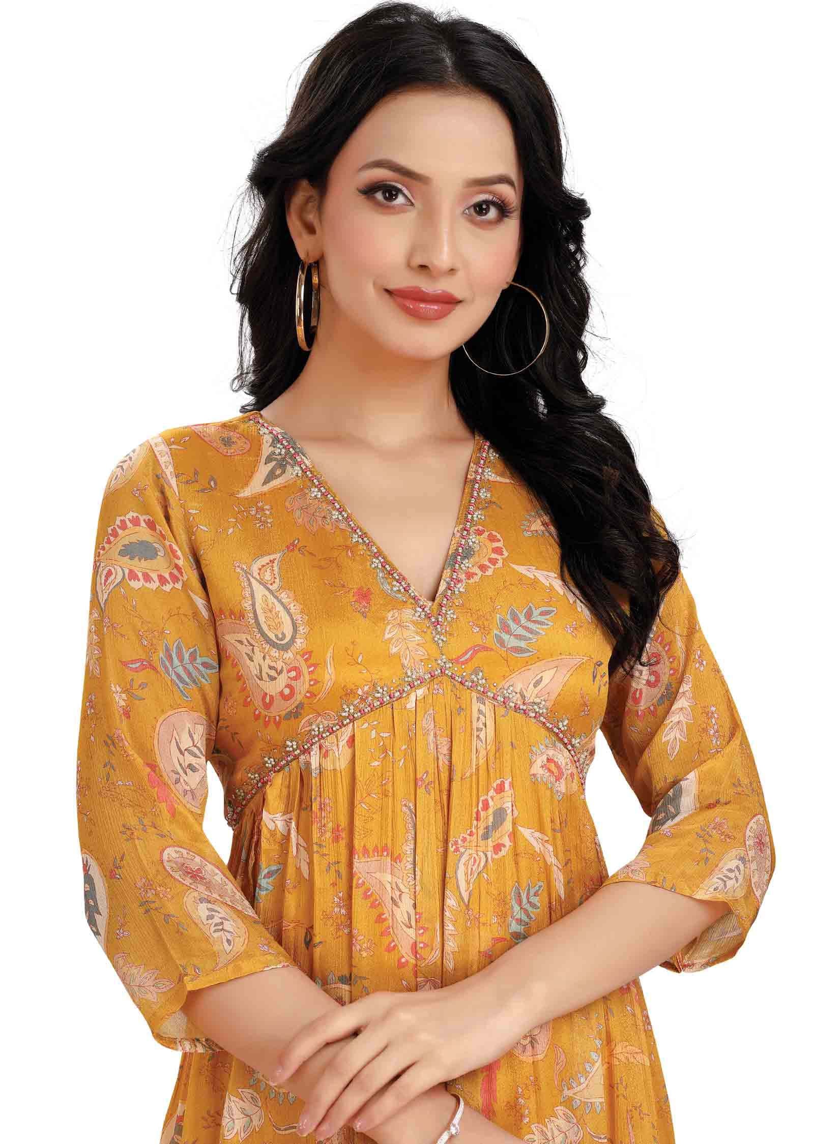 Yellow Chinnon Printed Alia cut Frock Style Kurti