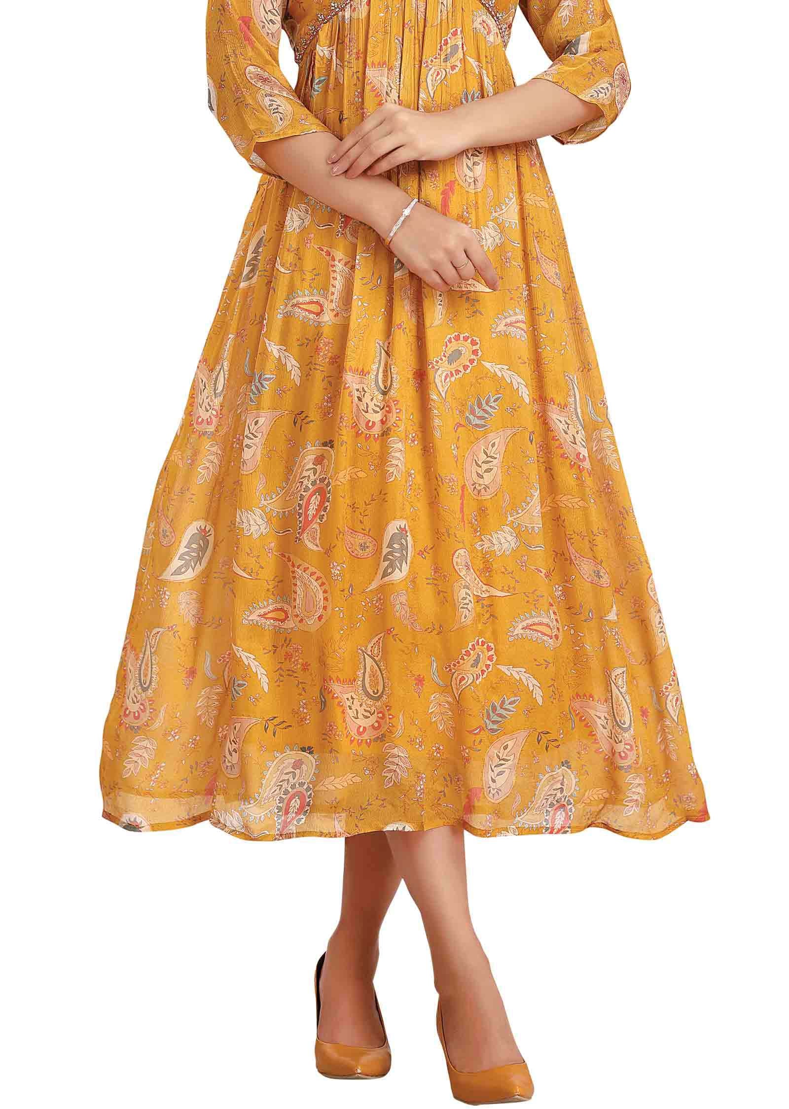 Yellow Chinnon Printed Alia cut Frock Style Kurti