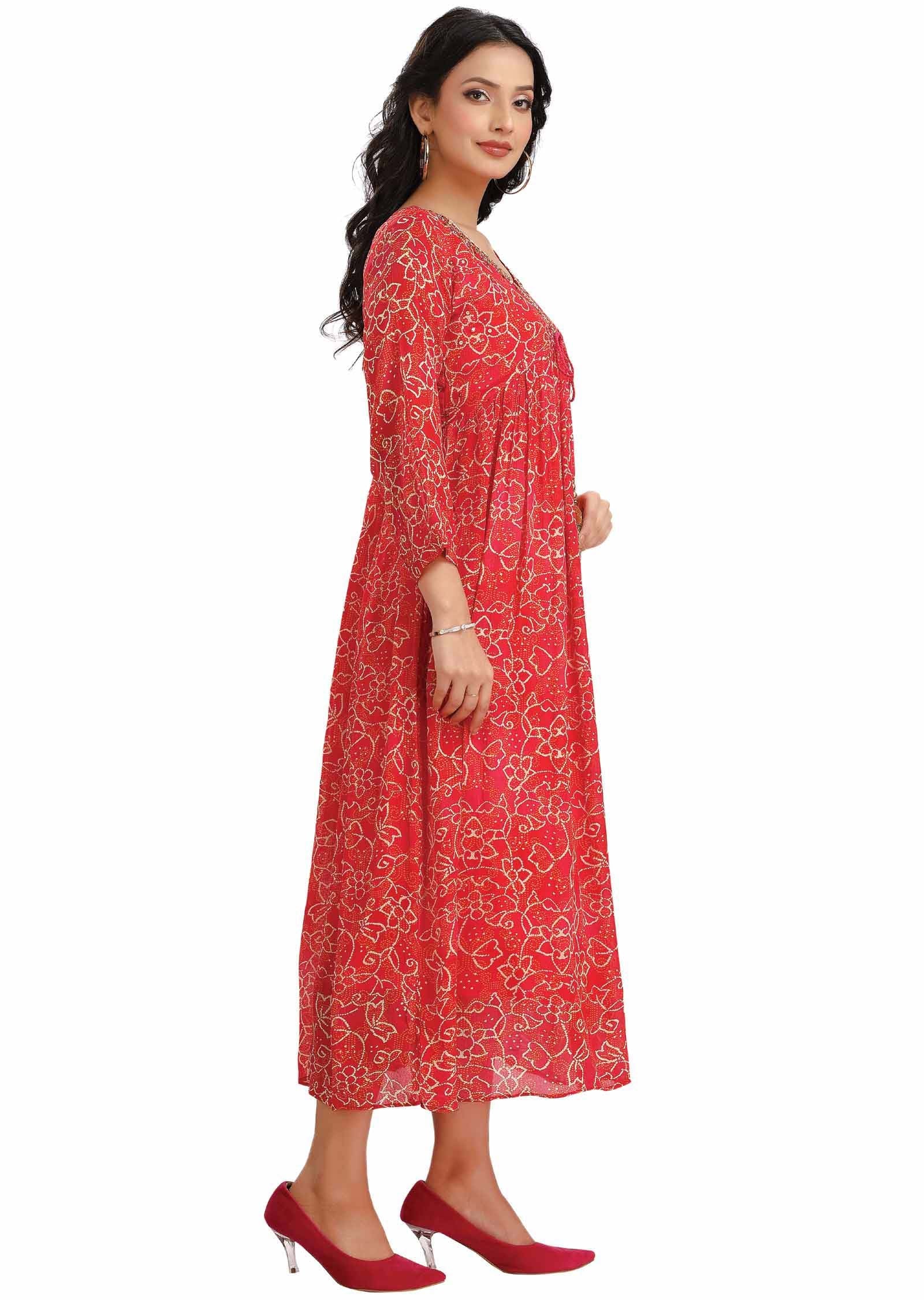 Rani Pink Chinnon Embroidered Alia cut Frock Style Kurti