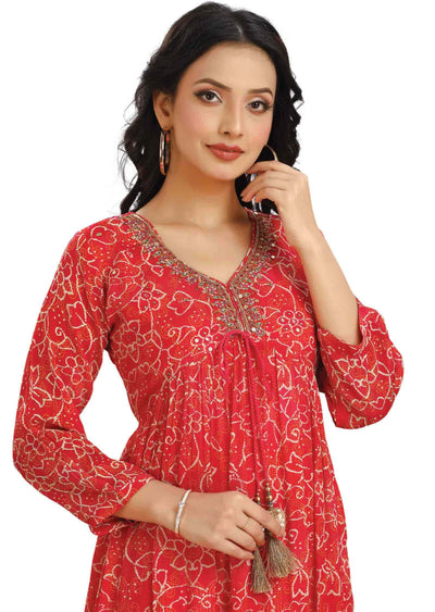 Rani Pink Chinnon Embroidered Alia cut Frock Style Kurti