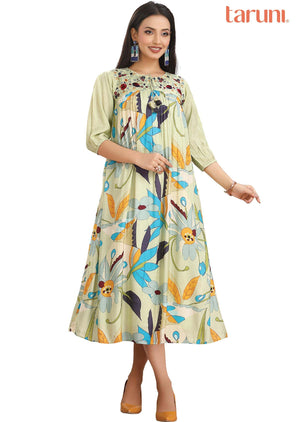 Pista Green & Multi Muslin Printed Frock Style Kurti