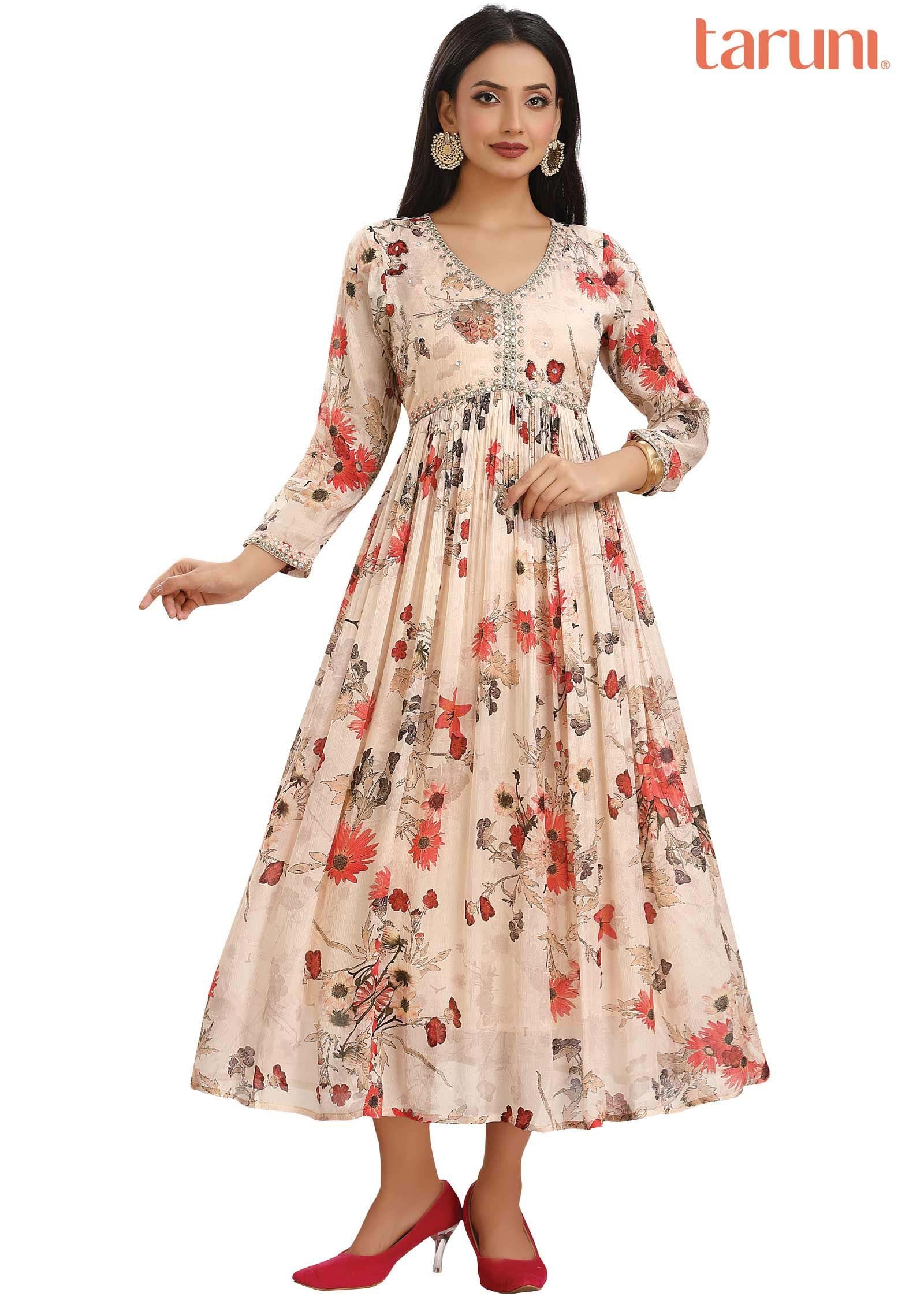 Cream Chinnon Embroidered Frock Style Kurti