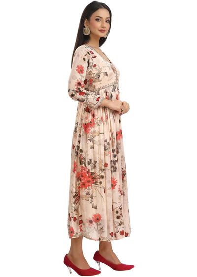 Cream Chinnon Embroidered Frock Style Kurti