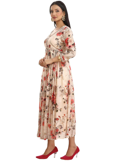 Cream Chinnon Embroidered Frock Style Kurti