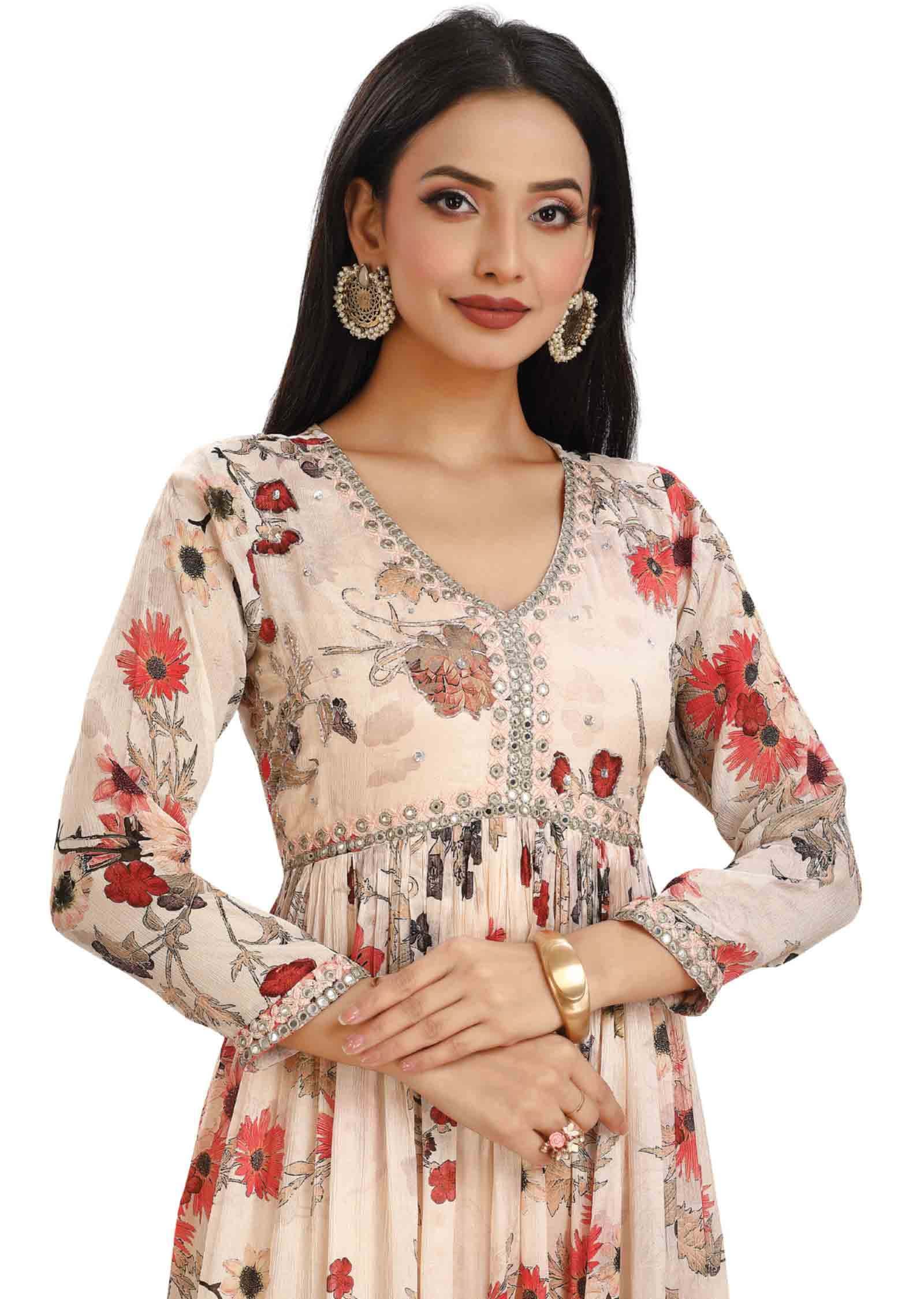 Cream Chinnon Embroidered Frock Style Kurti