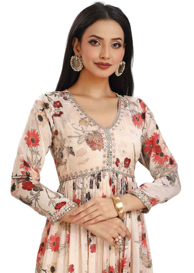 Cream Chinnon Embroidered Frock Style Kurti