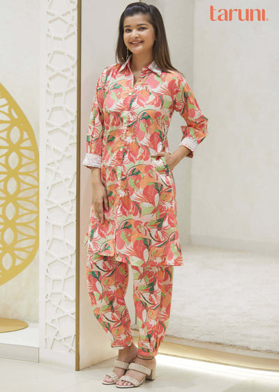 Peach Cotton schiffli Printed Co-Ord Set